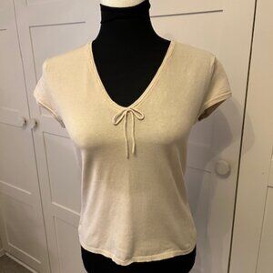 Silk Blend cap sleeve lightweight cream V-Neck sweater with trim